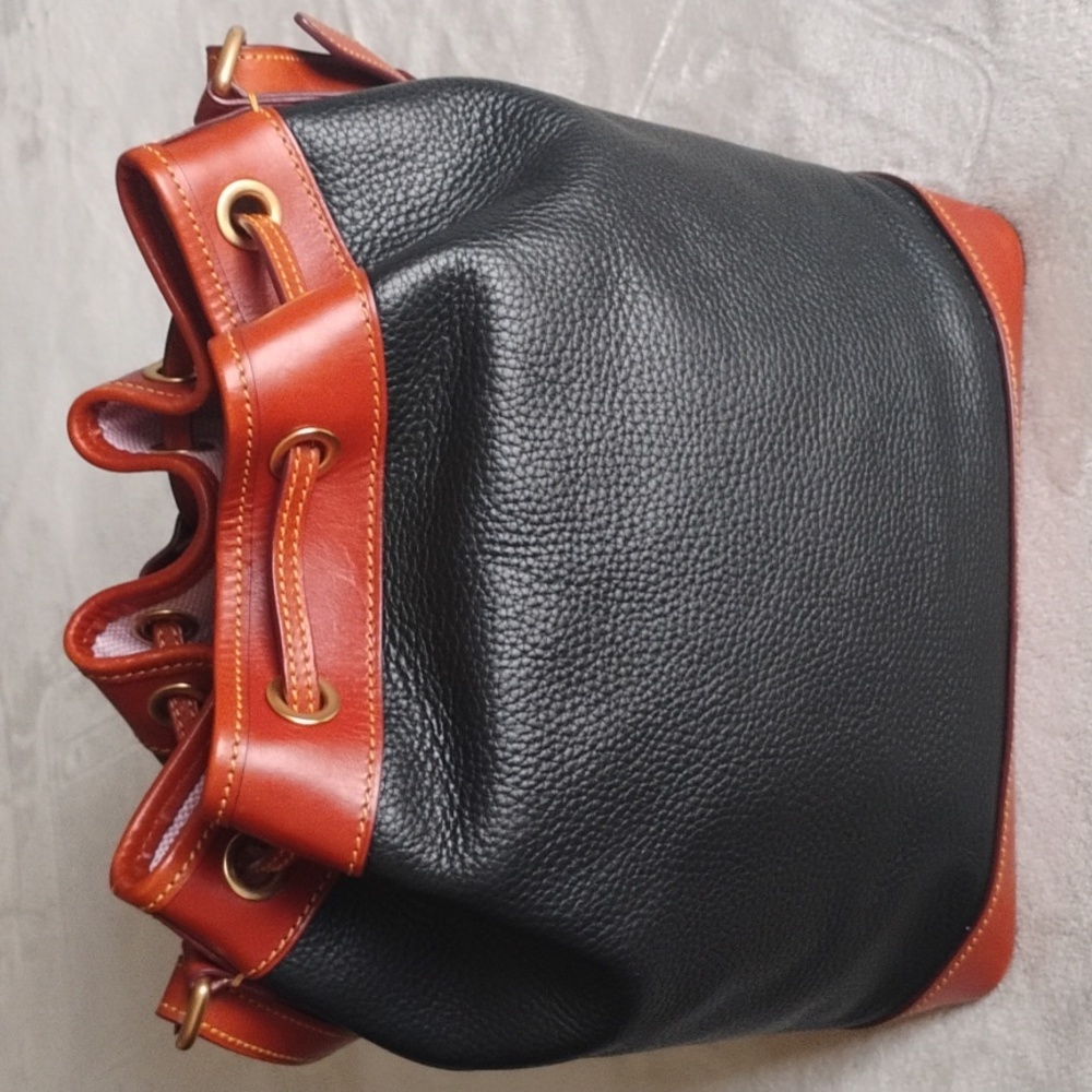 Dooney&burke Black and Brown Leather Bucket Drawstring Bag - Picture 2 of 6
